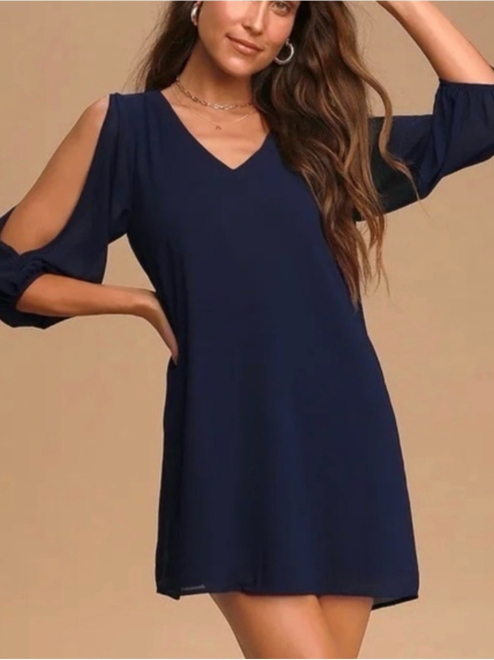 Lulus Shifting Dears long sleeve V-Neck Shift Dress in Navy
